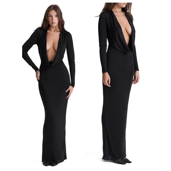 HOUSE OF CB Saskia Plunge Long Sleeve Jersey Gown Size Medium - Picture 1 of 8